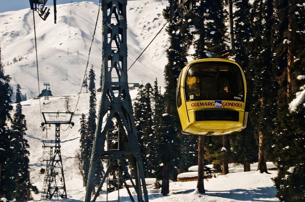 Aerial tramway in winter, Gulmarg, Jammu And Kashmir, India. (Photo by: Exotica.im/Universal Images Group via Getty Images)